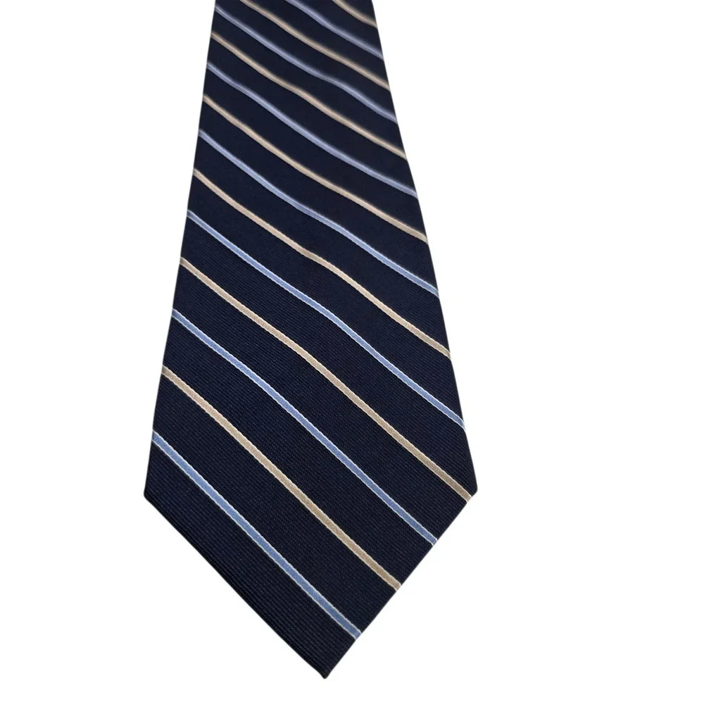 ROUNDTREE & YORKE Striped REPP Silk Handmade Necktie Blue Navy Cream‎ Classic